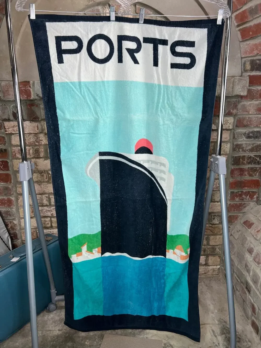 beach towel Ports cruise ship graphic blue green black 1980s